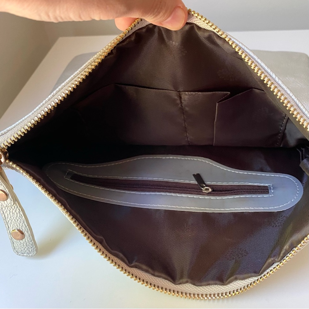 Mulberry Leather Gray Metalic Silver Foldable Clutch Bag with Shoulder 2 Straps - Picture 8 of 13